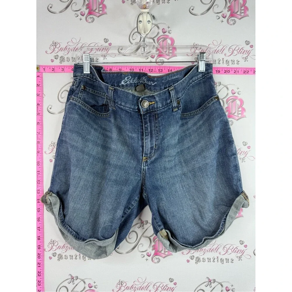 Eddie Bauer shorts denim long style Blue Denim Roll-Tab Jean Shorts